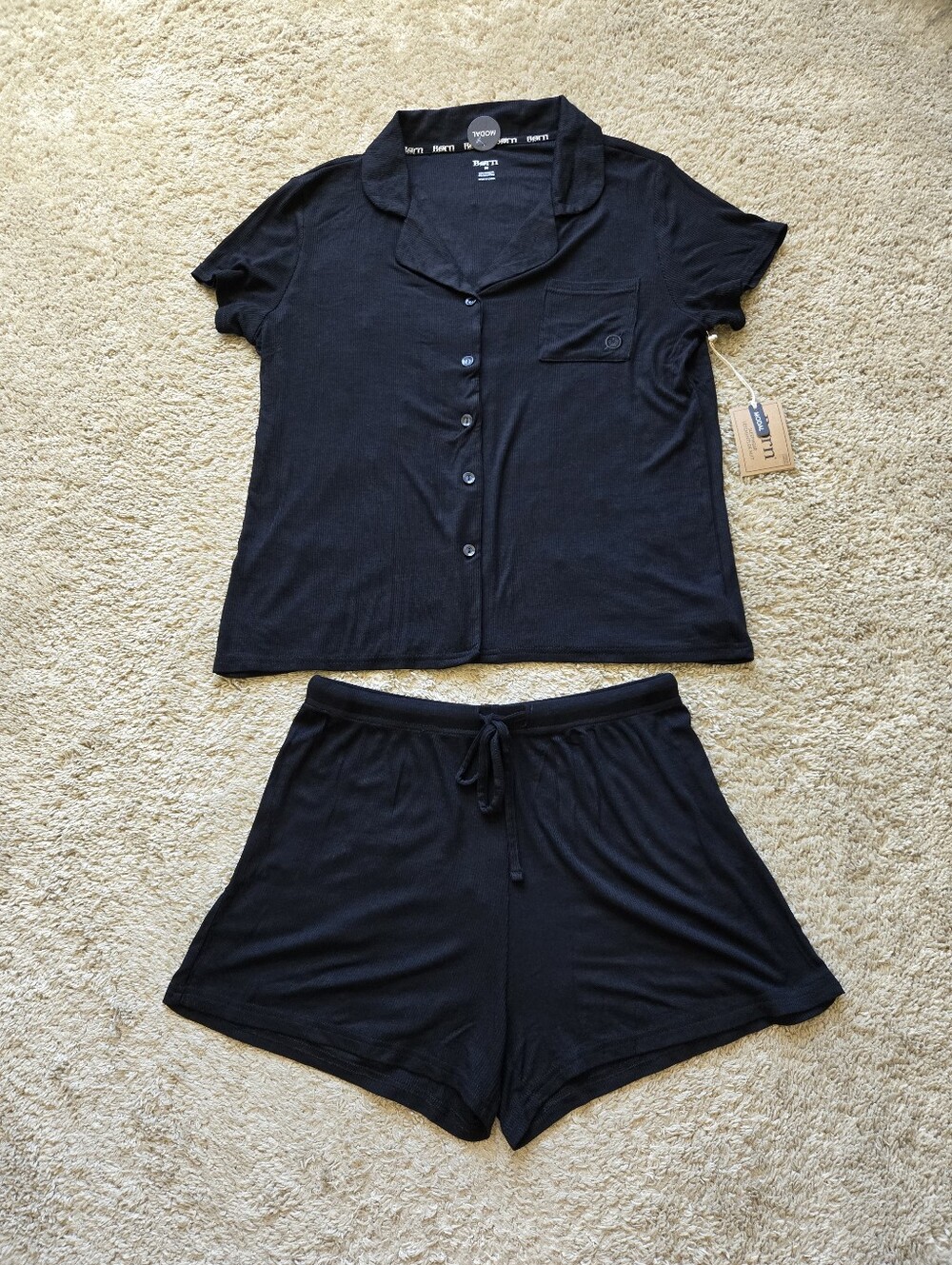 Born Pajama Set Womens M Bleack Ribknit Stretch Shirt And Shorts